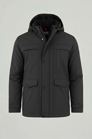 Erkek Gri Pamuk Polyester Karışımlı Kürklü Çıkartılabilir Kapüşonlu Mont&Kaban