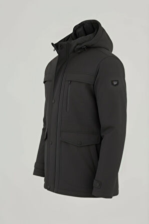 Erkek Gri Pamuk Polyester Karışımlı Kürklü Çıkartılabilir Kapüşonlu Mont&Kaban