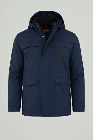 Erkek Lacivert Pamuk Polyester Karışımlı Kürklü Çıkartılabilir Kapüşonlu Mont&Kaban