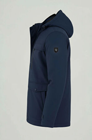 Erkek Lacivert Pamuk Polyester Karışımlı Kürklü Çıkartılabilir Kapüşonlu Mont&Kaban