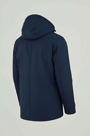 Erkek Lacivert Pamuk Polyester Karışımlı Kürklü Çıkartılabilir Kapüşonlu Mont&Kaban