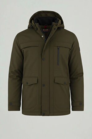 Erkek Yeşil Pamuk Polyester Karışımlı Kürklü Çıkartılabilir Kapüşonlu Mont&Kaban