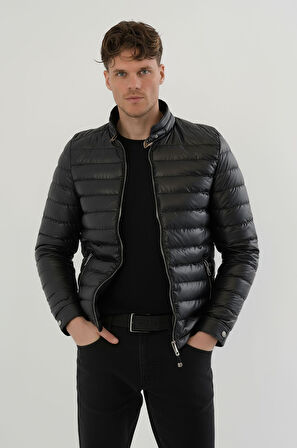Erkek Siyah Slim Fit İçi Kalın Kürklü Su İtici Şişme Deri Ceket & Mont