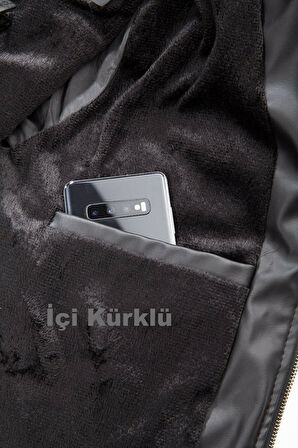 Erkek Siyah Slim Fit İçi Kalın Kürklü Su İtici Şişme Deri Ceket & Mont
