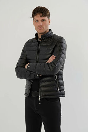 Erkek Siyah Slim Fit İçi Kalın Kürklü Su İtici Şişme Deri Ceket & Mont