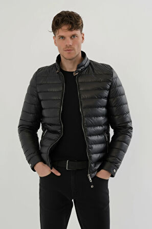 Erkek Siyah Slim Fit İçi Kalın Kürklü Su İtici Şişme Deri Ceket & Mont