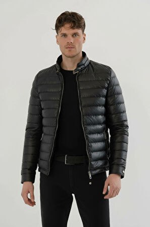 Erkek Siyah Slim Fit İçi Kalın Kürklü Su İtici Şişme Deri Ceket & Mont