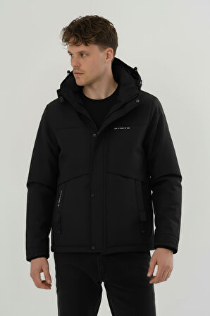 Erkek Siyah Su Ve Rüzgar Geçirmez Çıkartılabilir Kapüşonlu Softshell Mont&Kaban