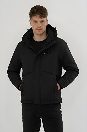 Erkek Siyah Su Ve Rüzgar Geçirmez Çıkartılabilir Kapüşonlu Softshell Mont&Kaban