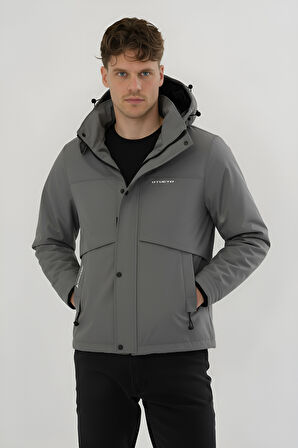Erkek Gri Su Ve Rüzgar Geçirmez Çıkartılabilir Kapüşonlu Softshell Mont&Kaban