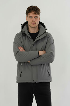 Erkek Gri Su Ve Rüzgar Geçirmez Çıkartılabilir Kapüşonlu Softshell Mont&Kaban