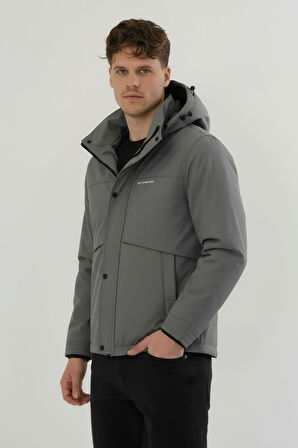 Erkek Gri Su Ve Rüzgar Geçirmez Çıkartılabilir Kapüşonlu Softshell Mont&Kaban