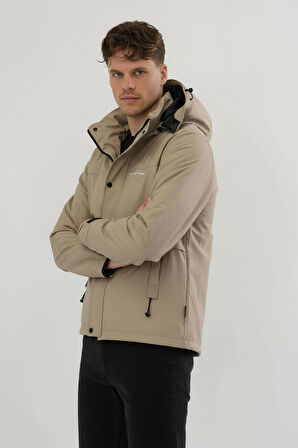 Erkek Krem Su Ve Rüzgar Geçirmez Çıkartılabilir Kapüşonlu Softshell Mont&Kaban