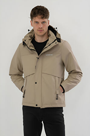 Erkek Krem Su Ve Rüzgar Geçirmez Çıkartılabilir Kapüşonlu Softshell Mont&Kaban
