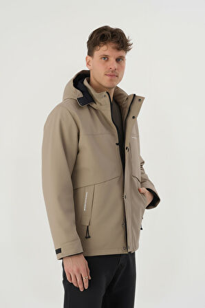 Erkek Krem Su Ve Rüzgar Geçirmez Çıkartılabilir Kapüşonlu Softshell Mont&Kaban