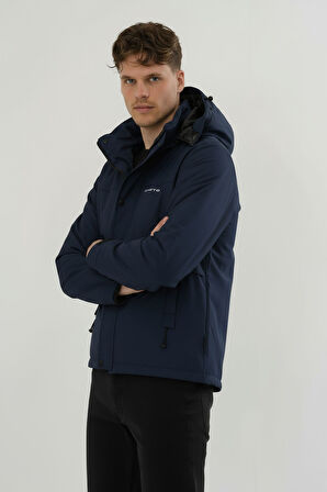 Erkek Lacivert Su Ve Rüzgar Geçirmez Çıkartılabilir Kapüşonlu Softshell Mont&Kaban