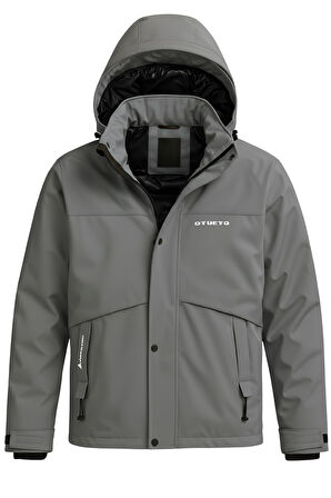 Erkek Gri Su Ve Rüzgar Geçirmez Çıkartılabilir Kapüşonlu Softshell Mont&Kaban
