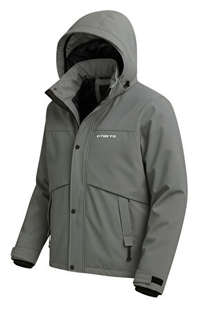 Erkek Gri Su Ve Rüzgar Geçirmez Çıkartılabilir Kapüşonlu Softshell Mont&Kaban