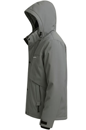 Erkek Gri Su Ve Rüzgar Geçirmez Çıkartılabilir Kapüşonlu Softshell Mont&Kaban