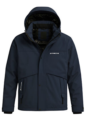 Erkek Lacivert Su Ve Rüzgar Geçirmez Çıkartılabilir Kapüşonlu Softshell Mont&Kaban