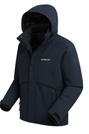 Erkek Lacivert Su Ve Rüzgar Geçirmez Çıkartılabilir Kapüşonlu Softshell Mont&Kaban