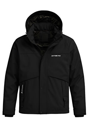 Erkek Siyah Su Ve Rüzgar Geçirmez Çıkartılabilir Kapüşonlu Softshell Mont&Kaban