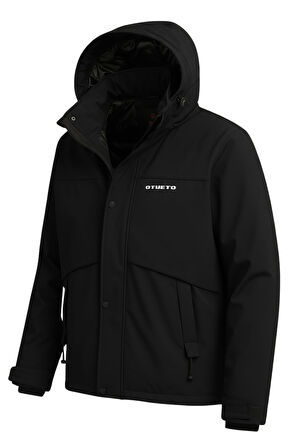 Erkek Siyah Su Ve Rüzgar Geçirmez Çıkartılabilir Kapüşonlu Softshell Mont&Kaban