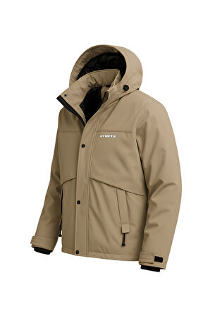 Erkek Krem Su Ve Rüzgar Geçirmez Çıkartılabilir Kapüşonlu Softshell Mont&Kaban