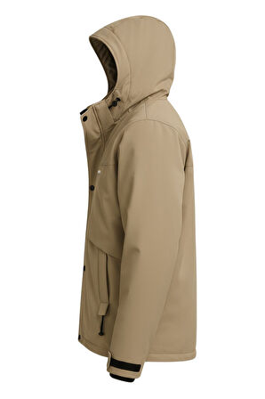 Erkek Krem Su Ve Rüzgar Geçirmez Çıkartılabilir Kapüşonlu Softshell Mont&Kaban
