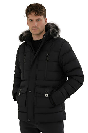 Erkek Siyah Erkek Outdoor Su Geçirmez Kapüşonlu Kışlık Kaban – Rüzgar ve Yağmura Dayanıklı Mont&Kaban