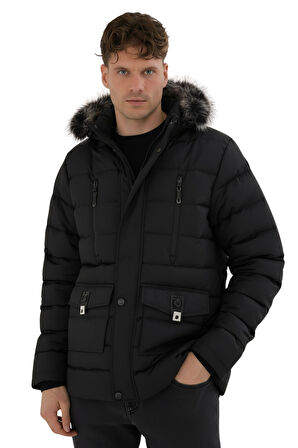 Erkek Siyah Erkek Outdoor Su Geçirmez Kapüşonlu Kışlık Kaban – Rüzgar ve Yağmura Dayanıklı Mont&Kaban