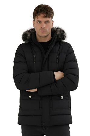 Erkek Siyah Erkek Outdoor Su Geçirmez Kapüşonlu Kışlık Kaban – Rüzgar ve Yağmura Dayanıklı Mont&Kaban