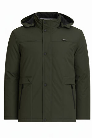 Erkek Yeşil %100 Su Ve Rüzgar Geçirmez Kürklü Çıkartılabilir Kapüşonlu Mont&Kaban