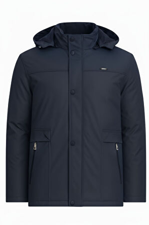 Erkek Lacivert %100 Su Ve Rüzgar Geçirmez Kürklü Çıkartılabilir Kapüşonlu Mont&Kaban