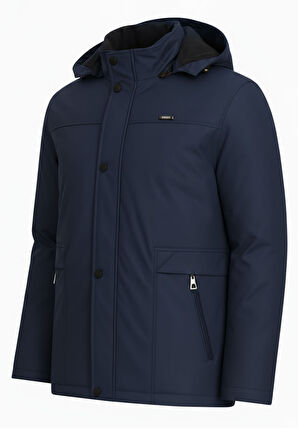 Erkek Lacivert %100 Su Ve Rüzgar Geçirmez Kürklü Çıkartılabilir Kapüşonlu Mont&Kaban