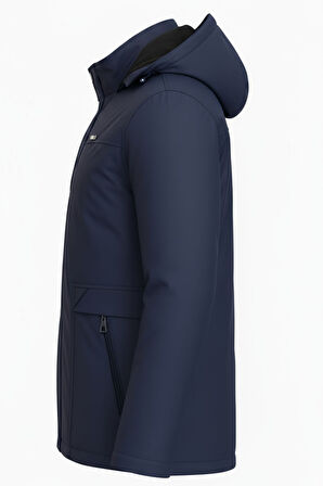 Erkek Lacivert %100 Su Ve Rüzgar Geçirmez Kürklü Çıkartılabilir Kapüşonlu Mont&Kaban