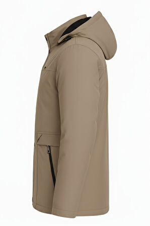 Erkek Krem %100 Su Ve Rüzgar Geçirmez Kürklü Çıkartılabilir Kapüşonlu Mont&Kaban