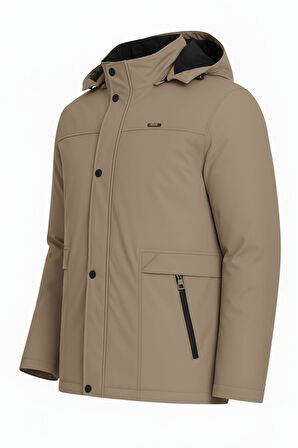 Erkek Krem %100 Su Ve Rüzgar Geçirmez Kürklü Çıkartılabilir Kapüşonlu Mont&Kaban