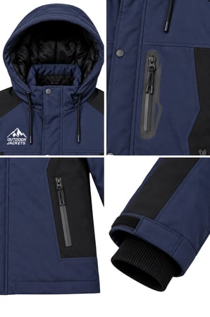 Erkek Lacivert Softshell Mont Kapüşonlu Kışlık Suya Dayanıklı Fermuarlı Cepli Outdoor Mont