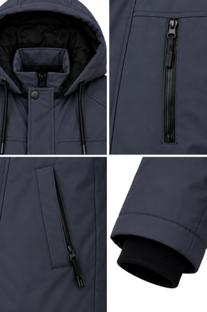 Erkek Lacivert Softshell Mont Kapüşonlu Kışlık Suya Dayanıklı Fermuarlı Cepli Outdoor Mont
