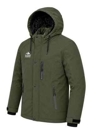 Erkek Yeşil Softshell Mont Kapüşonlu Kışlık Suya Dayanıklı Fermuarlı Cepli Outdoor Mont