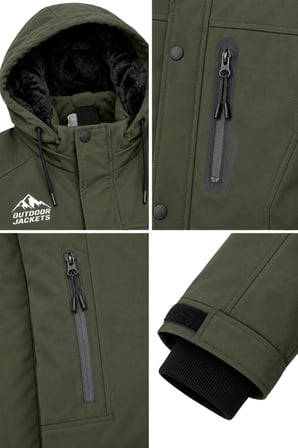 Erkek Yeşil Softshell Mont Kapüşonlu Kışlık Suya Dayanıklı Fermuarlı Cepli Outdoor Mont