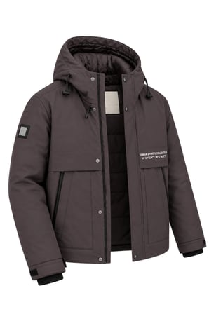 Erkek Gri Kapüşonlu Kışlık Mont Suya Dayanıklı Fermuarlı Çıtçıtlı Cepli Outdoor Mont