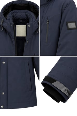 Erkek Lacivert Kapüşonlu Kışlık Softshell Suya Dayanıklı Fermuarlı Cepli Outdoor Mont