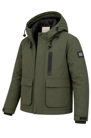 Erkek Yeşil Kışlık Mont Kapüşonlu Suya Dayanıklı Fermuarlı Çok Cepli Outdoor Mont&Kaban