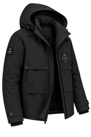Erkek Siyah Kapüşonlu Kışlık Mont Suya Dayanıklı Çok Cepli Outdoor Mont&Kaban