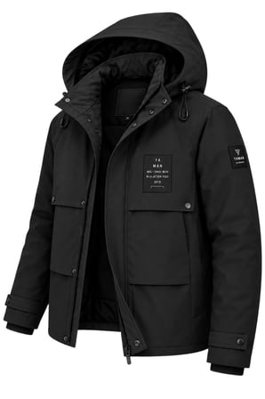 Erkek Siyah Kapüşonlu Kışlık Mont Suya Dayanıklı Çok Cepli Outdoor Mont&Kaban