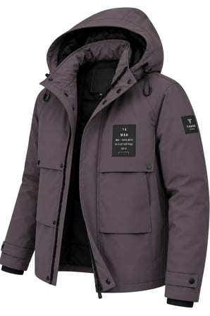 Erkek Gri Kapüşonlu Kışlık Mont Suya Dayanıklı Çok Cepli Outdoor Mont&Kaban