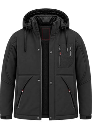 Erkek Siyah Kapüşonlu Kışlık Softshell Suya Dayanıklı Fermuarlı Cepli Outdoor Mont