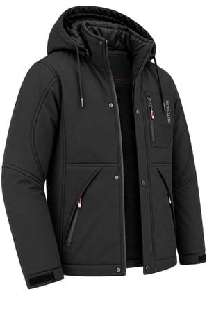 Erkek Siyah Kapüşonlu Kışlık Softshell Suya Dayanıklı Fermuarlı Cepli Outdoor Mont